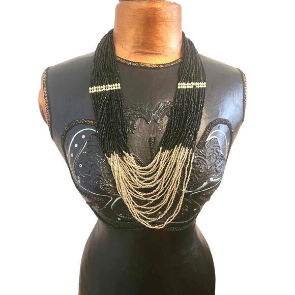 New Colleen Lopez HSN Long Layered Black & Gold Multi-Strand Ethnic Necklace WOW - Picture 1 of 3